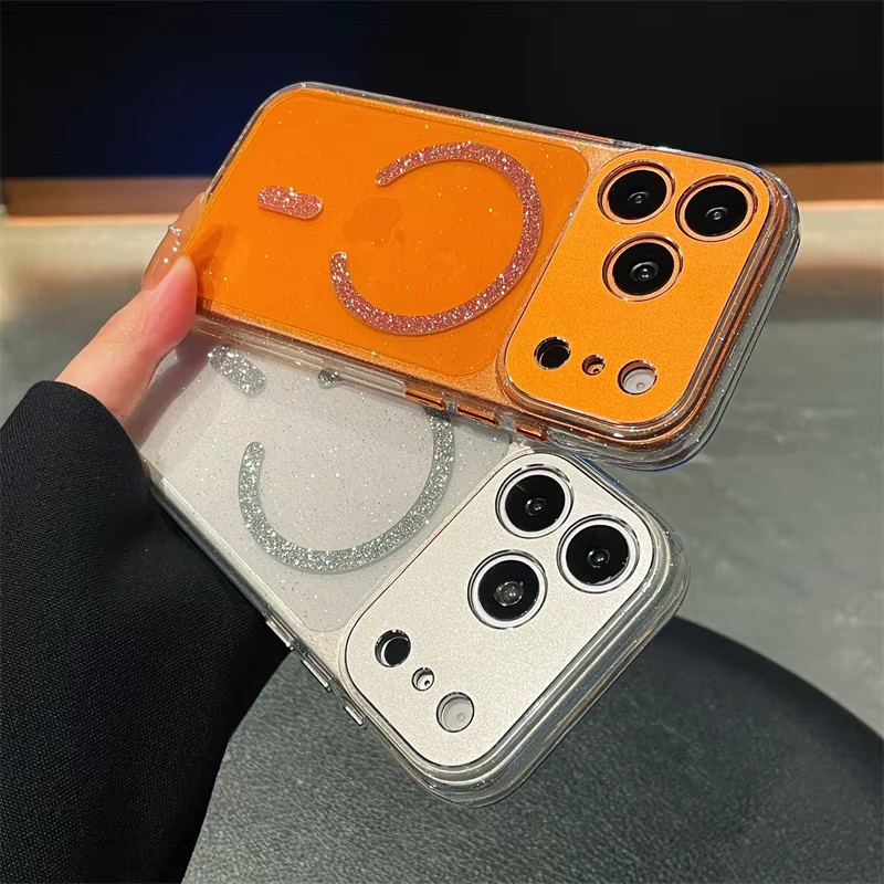 SUNWARD MagSafe Handyhülle für iPhone 17 16 15 14 13 Pro Max aus transparentem Acryl mit Glitzer-Effekt und Metall-Kameraschutz in Pink - Bild 2
