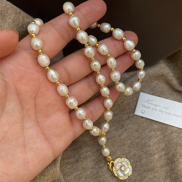 V-best Anhänger Halskette, Kamelie Blume, Süßwasser Perle, 14K Gold Gefüllt, Damen - Bild 1