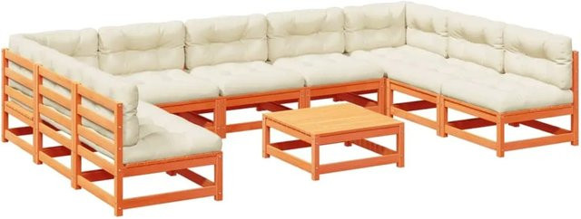 vidaXL 10-tlg. Garten-Sofagarnitur L-Form aus wachsbraunem Kiefernholz mit Kissen und Ottoman in Beige - Bild 1