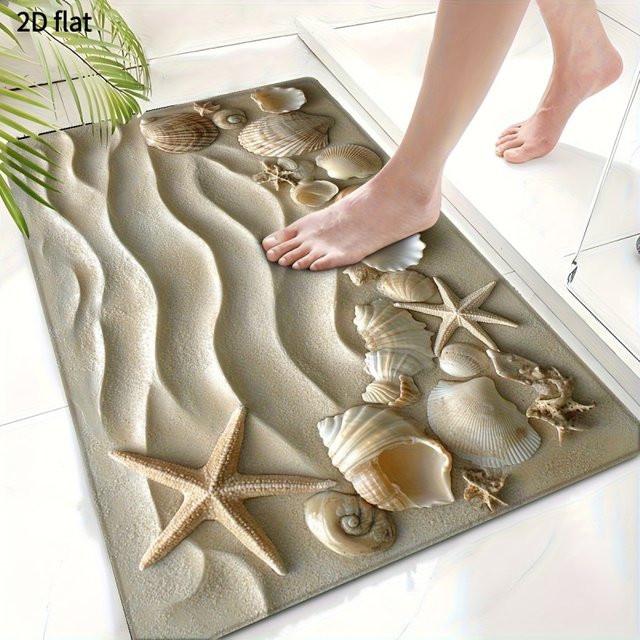 VIKAMA 3D Vision Badezimmer-Bodenmatte Ocean Breeze in Beige, rutschfest und waschbar - Bild 1