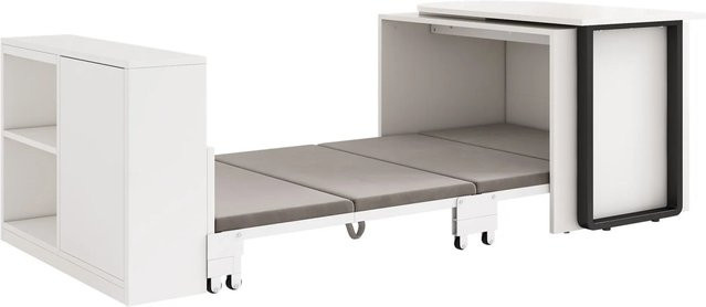 okwish 2in1 Klappbett mit Schreibtisch und Matratze, Metallgestell mit Rollen und Stauraum, Weiß, B/T/H: 200 x 90 x 75 cm - Bild 1
