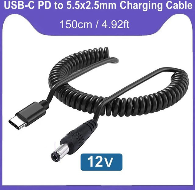 USB-C auf DC 12V Stromkabel, Typ-C-Eingang zu 5,5 x 2,5 mm Ausgang, Schwarz, kompatibel mit PD-Ladegeräten und Powerbanks - Bild 1