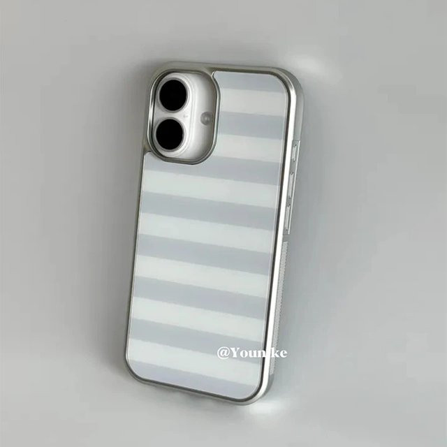 Jirai Kei Handyhülle für iPhone 17 16 15 14 13 12 11 Air Pro Max Plus in Grau-Weiß Gestreift mit transparenter weicher Rückseite - Bild 1