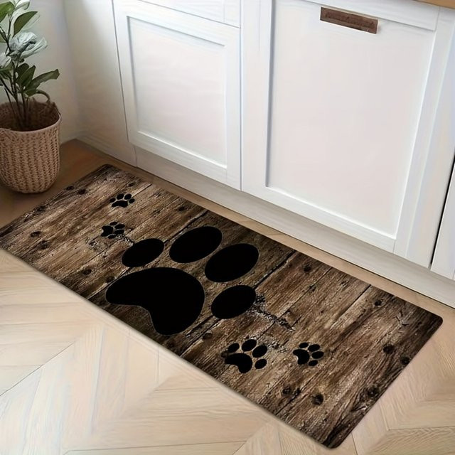 VIKAMA Teppich in Holzoptik mit Cartoon-Hund und Pfotenabdruck, rutschfest und schmutzabweisend, Farbe: Braun, B/T: 120 x 40 cm - Bild 1