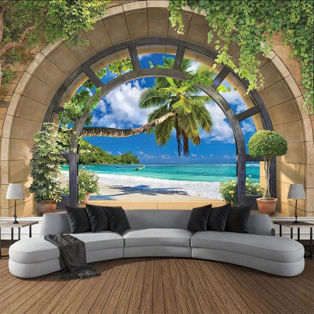 VIKAMA Strand-Dekorationswandteppich mit tropischer Insel- und Palmenlandschaft in Multicolour - Bild 1