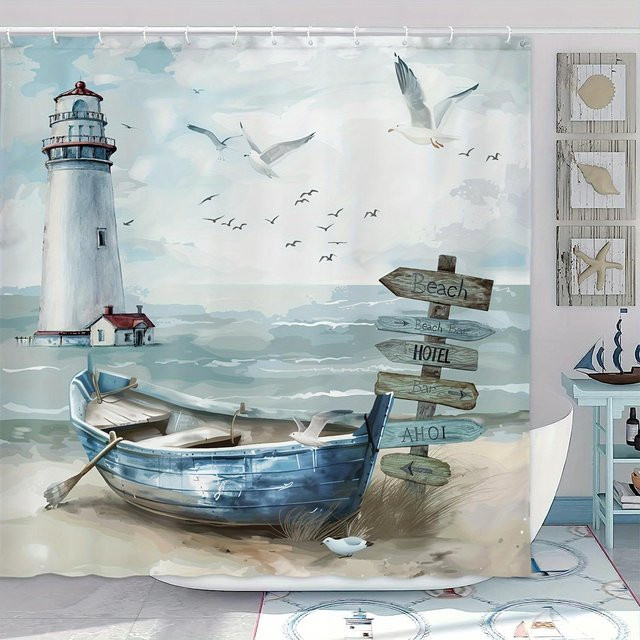Maritimer Duschvorhang von Dunika Chen mit Leuchtturm und Segelboot in Blau-Türkis, wasserdicht und schimmelresistent, B: 165 cm, H: 180 cm - Bild 1