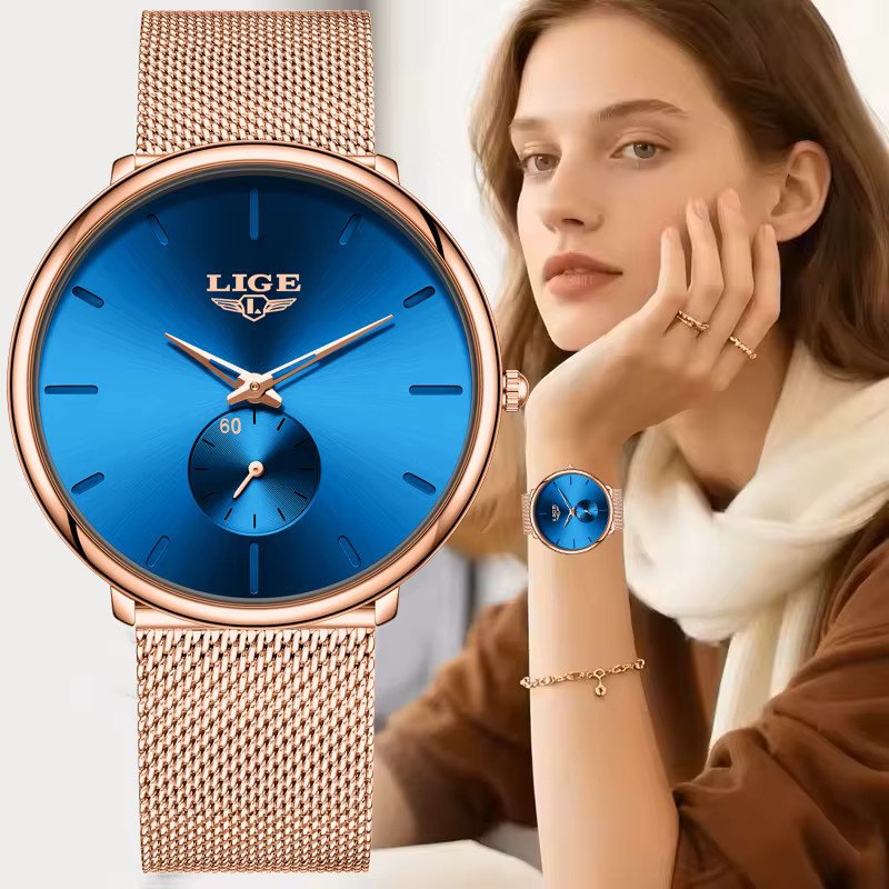 LIGE Armbanduhr Quarz, Rund, Blau, Silber, Roségold, Damen - Bild 6
