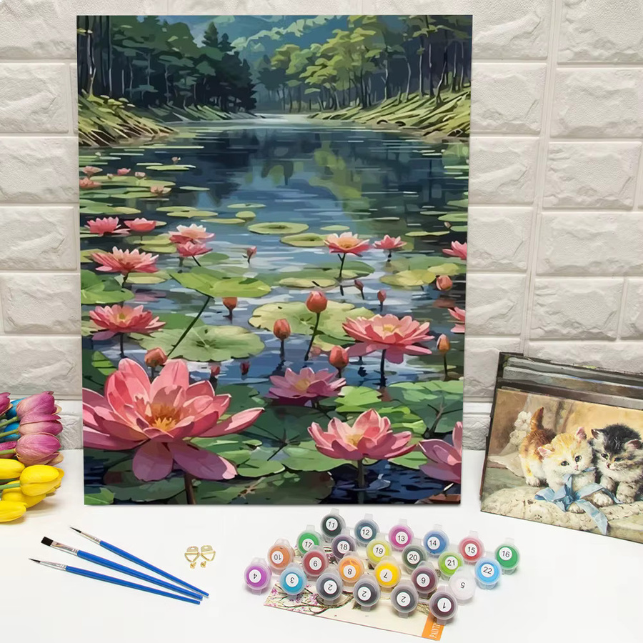 Huacan Malen nach Zahlen Lotus, DIY Ölgemälde, Seelandschaft, Blumenlandschaft - Bild 3