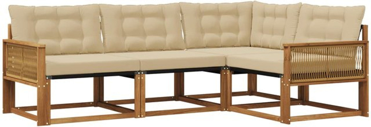 vidaXL Outdoor-Sofagarnitur aus Akazienholz mit Textilene-Kissen in Natur und Beige, 4-teiliges Loungemöbel-Set im modernen und minimalistischen Design - Bild 1