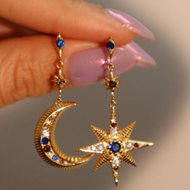 Ohrringe Kupfer, Gold, Zirkonia, Kristall, Damen, Stern Mond - Bild 1