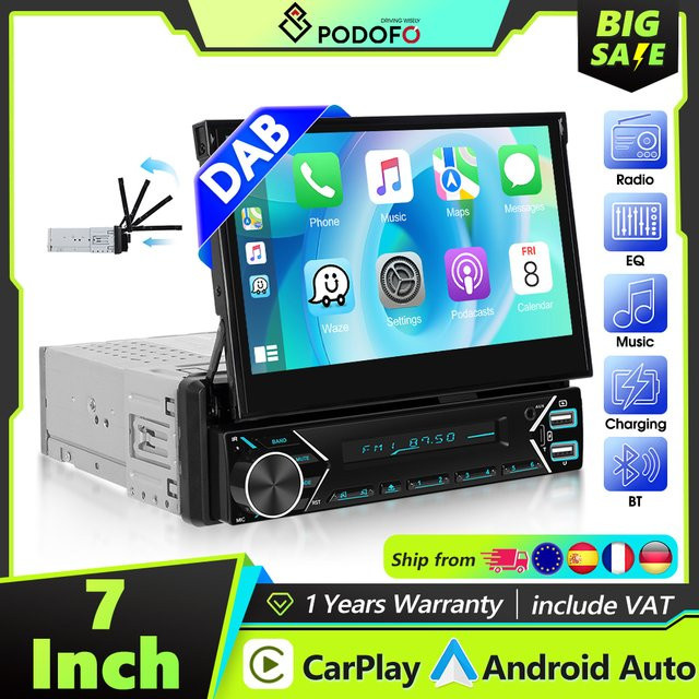 Podofo 1DIN Elektrisch Einziehbares Autoradio mit kabellosem CarPlay, Android Auto und Mirror Link, DAB+, FM, USB Typ-C, Schwarz - Bild 1