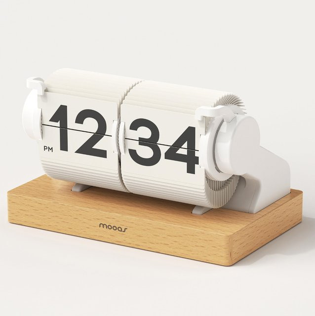 mooas Multi-Holz Mini Klapp-Schreibtischuhr in Retro-Design mit analoger Anzeige, Timer, Kalender und USB-C Aufladung, Farbe: Weiß - Bild 1