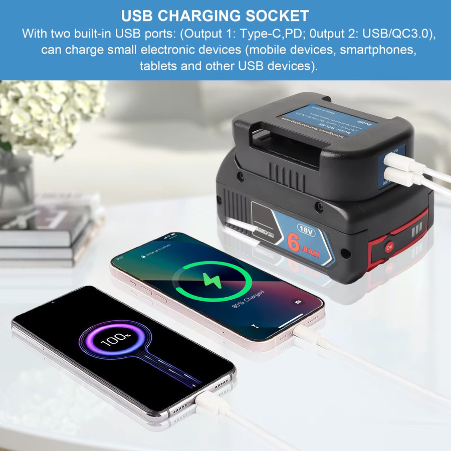 PD USB-C Schnellladegerät für Bosch 18V Akku BAT Serie, QC 3.0, 22,5W, Schwarz - Bild 3