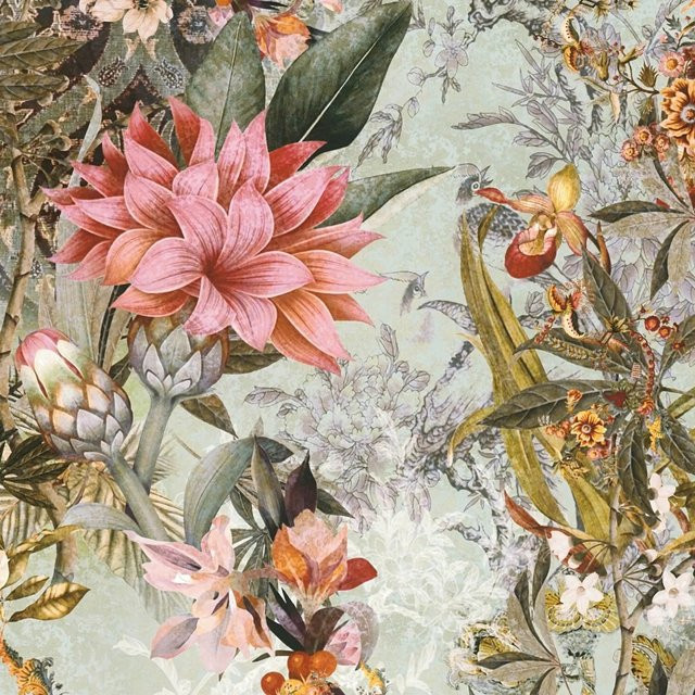 PROFHOME Blumen Tapete Floral Matt in Grün Rosa Gelb und Oliv-Grau, Breite: 0,53 m, Länge: 10,05 m - Bild 1