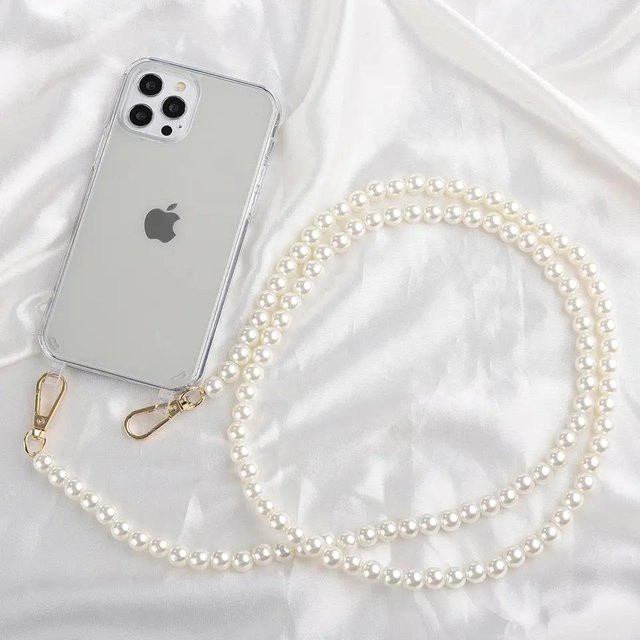 Crossbody Lanyard Handyhülle mit Perlenarmband für Apple iPhone 16 15 14 13 12 Pro Max XS 7 8 Plus in Transparent und Weiß - Bild 1