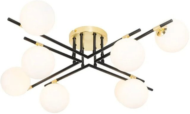 QAZQA Deckenleuchte Lynn im Art-Deco-Stil aus Stahl und Opalglas in Schwarz und Gold mit 8 G9 Leuchten - Bild 1
