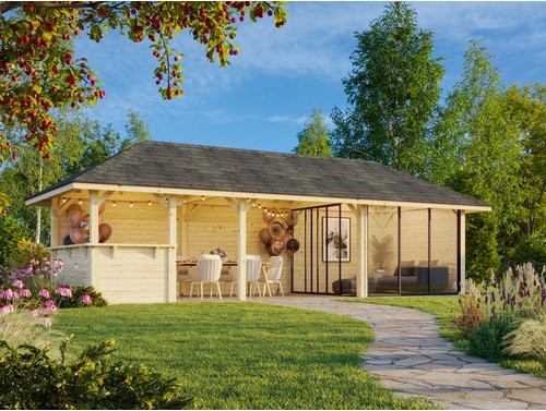 PALMAKO Pavillon Bianca Set 215 Slide aus Fichtenholz in Braun mit transparenten Alu-Schiebetüren und PZ-Schloss, B/H/T: 876 x 319 x 300 cm - Bild 1
