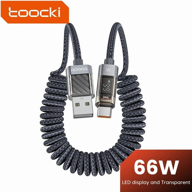 Toocki USB-C Schnellladekabel 66W mit Display, 6A Datenkabel in Transparent Blau für Huawei, Xiaomi, Samsung und Realme - Bild 1