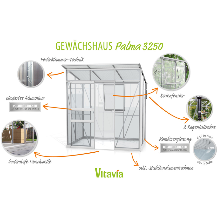 Vitavia Gewächshaus Palma 3250 mit Pultdach und Stahlfundamentrahmen aus eloxiertem Aluminium sowie Sicherheitsglas und Polycarbonat - Bild 4