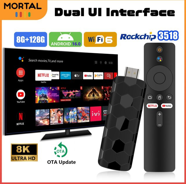 Mortal R3+ TV-Stick Android 16 mit 128 GB Speicher und 8 GB RAM, 4K UHD Heimkino-TV-Box in Schwarz mit WLAN 6 und Sprachfernbedienung - Bild 1
