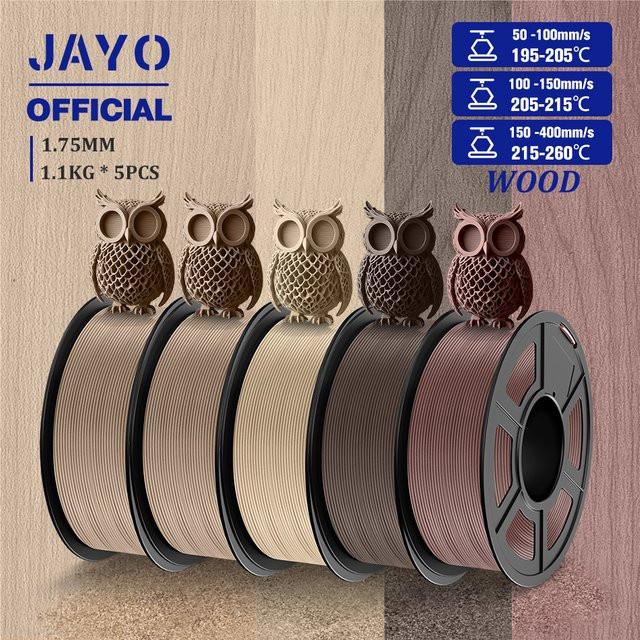 JAYO Holz-PLA-Filament Set mit 15 % Holzfasern, 5 Rollen, Durchmesser: 1,75 mm, Farbe: Braun, für FDM-3D-Drucker - Bild 1