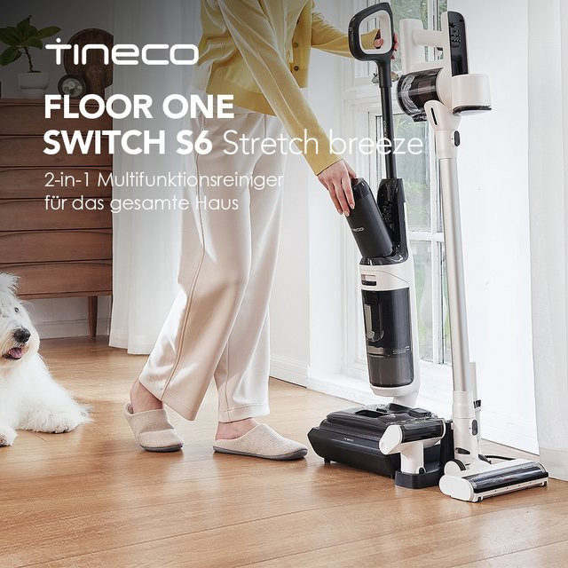 Tineco FLOOR ONE Switch S6 Stretch Breeze 2-in-1 Nass-Trockensauger in Weiß mit 60 Min. Laufzeit, 180° Lay-Flat Funktion, Selbstreinigung und Anti-Wickel-Design für Tierhaare und Polster - Bild 1