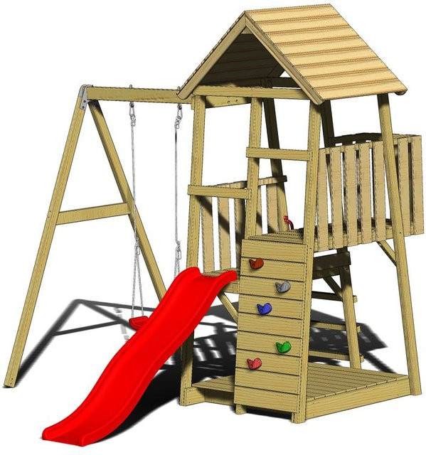 Wendi Toys Kinderspielturm Panda aus Holz mit Rutsche, Kletterwand und Schaukel, B/H/T: 270 x 270 x 290 cm, Natur/Braun/Rot - Bild 4