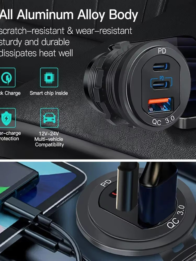 KEBETEME Autoladegerät-Buchse mit PD3.0 und QC3.0 Schnellladung, doppelte USB-C-Anschlüsse, wasserdicht, 78 W, Aluminium, Schwarz, für 12 V/24 V Boote und Motorräder - Bild 7