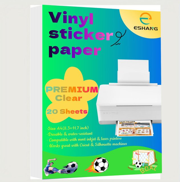ESHANG CLEAR Wasserfestes Vinyl-Aufkleberpapier Transparent, 20 Blatt A4 für Tintenstrahl- und Laserdrucker - Bild 1