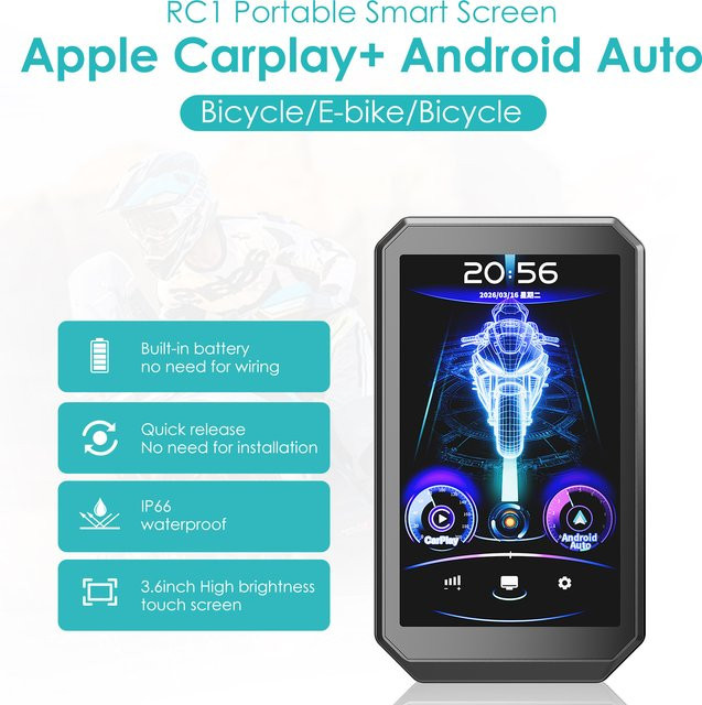 Icreative Smart-Display für Fahrrad und Motorrad mit 3,6 Zoll Display, IP66 wasserdicht, kabelloses CarPlay und Android Auto, GPS Navigation und Stereo, Schwarz, 3000mAh Akku - Bild 1