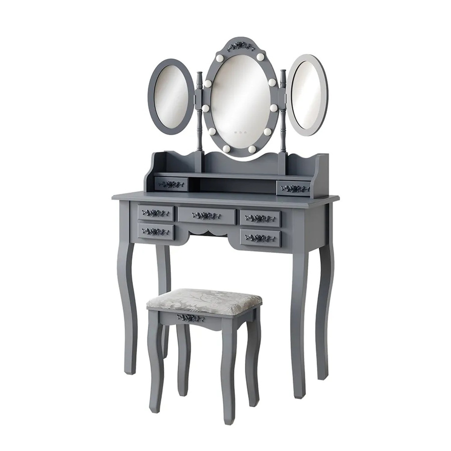 Vicco Schminktisch Diana in Grau mit Hollywood-Beleuchtung und Hocker, B/T/H: 90 x 40 x 147 cm - Bild 3