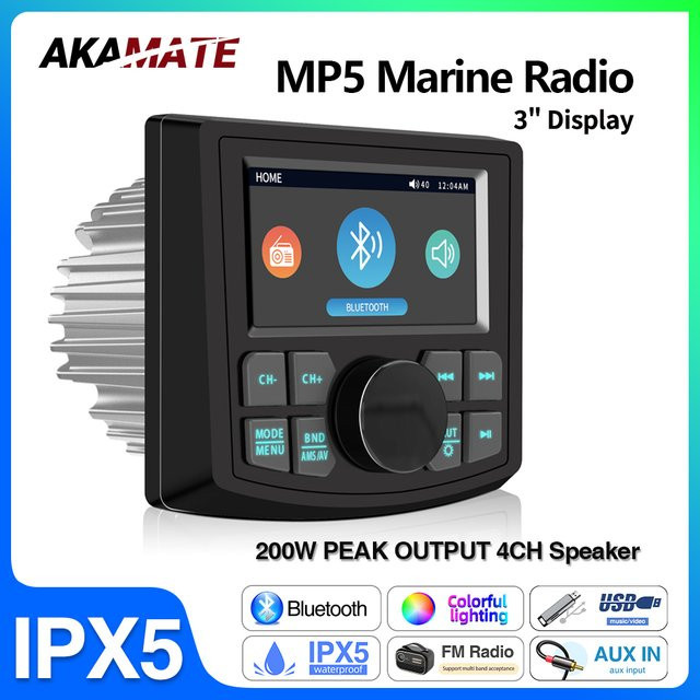 AKAMATE Marine Radio MP5 Stereo mit 3 Zoll Display, Wasserdicht, Bluetooth, AUX, AM/FM/RDS, Schwarz - Bild 1