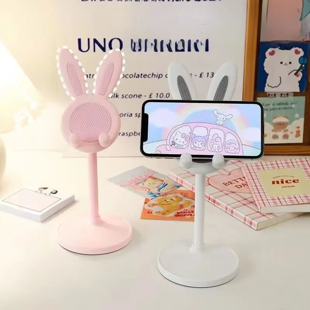 AILEHKUO Kaninchen-Handyhalter in Rosa und Weiß, einziehbarer und verstellbarer Ständer für iPhone, Samsung und Tablets - Bild 1