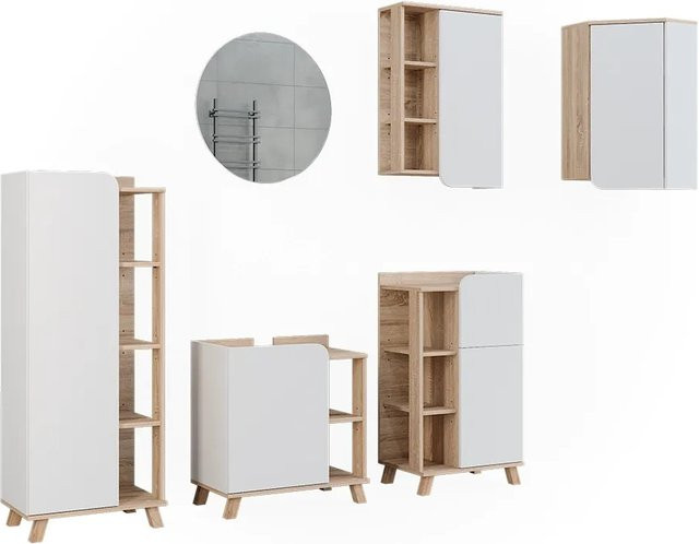 Vicco Badmöbel-Set Karen in Sonoma und Weiß, modernes 6-teiliges Badezimmer-Set mit Spiegelschrank, Wandschrank und Seitenschrank in matt - Bild 1