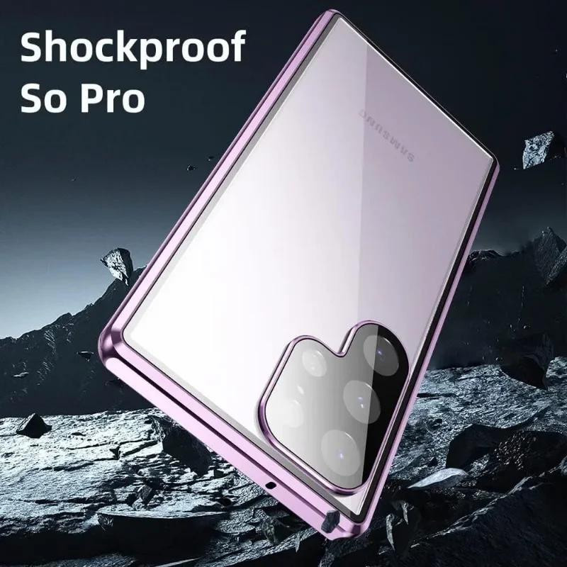 Samsung Magnetische Schutzhülle aus gehärtetem Glas und Metall für Galaxy S24 S23 S22 S21 Ultra Plus in Pink Transparent - Bild 2