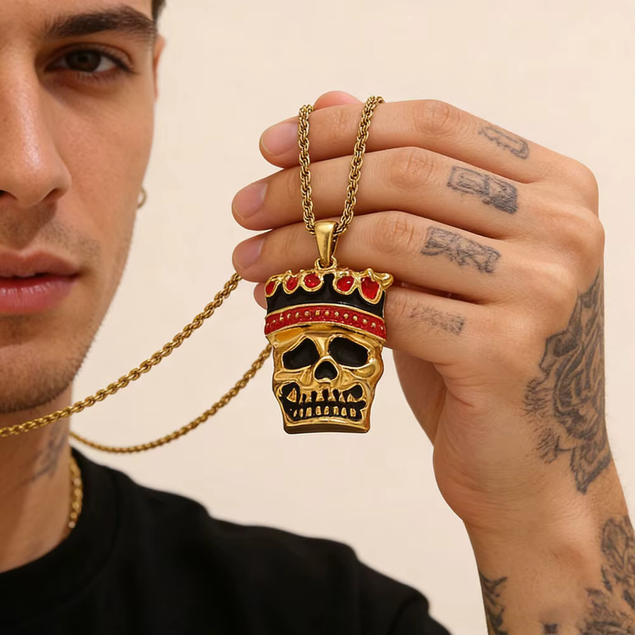 Aiovlo Anhänger Totenkopf Pferd Emaille, Edelstahl, Gold, Herren, Punk - Bild 2