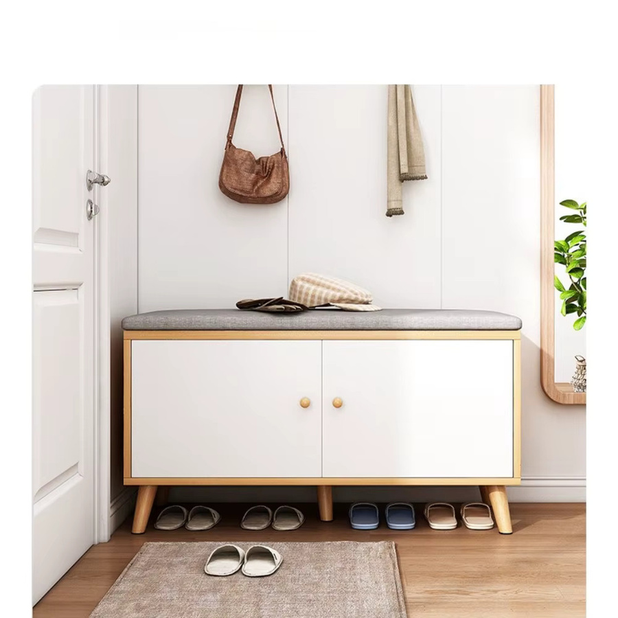 Moderner Schuhschrank mit Schuhwechselhocker von LIUSHADUOLA in Weiß mit mattem Holz-Finish - Bild 2