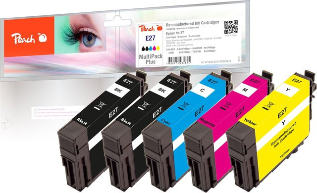 Peach E27 Druckerpatronen Set für Epson WorkForce WF-3600, 5er Pack (2x Schwarz, Cyan, Magenta, Gelb), wiederaufbereitet, ersetzt Epson T2706, T2701, No. 27, C13T27064010, C13T27014010 - Bild 1