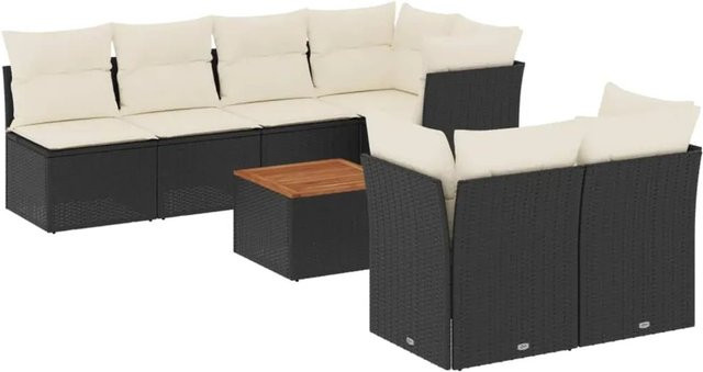 vidaXL 8-teilige Garten-Sofagarnitur in L-Form aus Poly-Rattan und Akazienholz in Schwarz mit Kissen und Stauraum - Bild 1