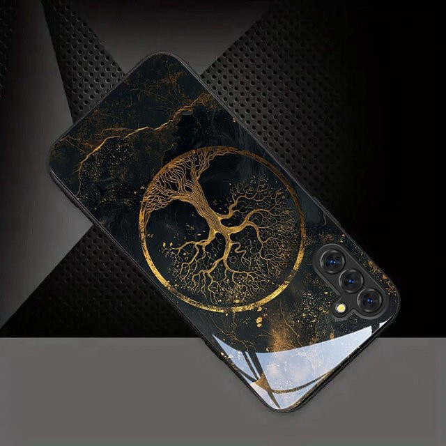 Handyhülle aus gehärtetem Glas mit Lebensbaum-Muster in Schwarz und Gold für Samsung Galaxy S25 S24 S22 S21 S20 FE Ultra Plus 4G 5G - Bild 1