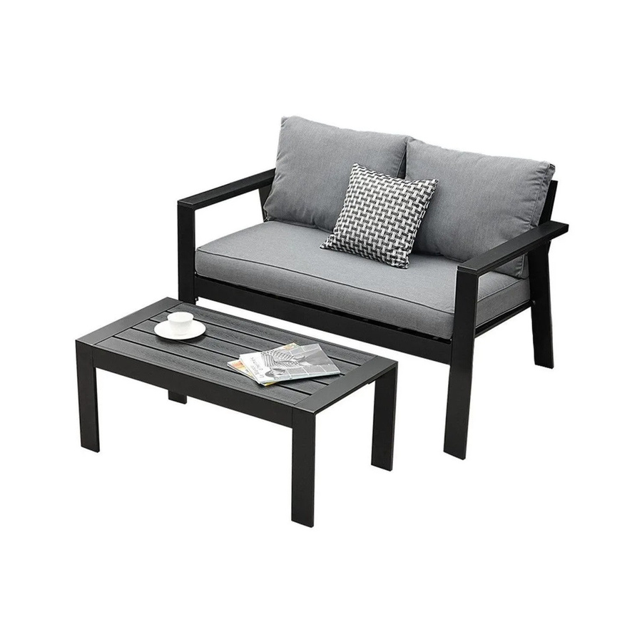 MeXo Gartenlounge Set Schwarz aus pulverbeschichtetem Aluminium mit 2er Sofa und Couchtisch inklusive Polsterkissen - Bild 2