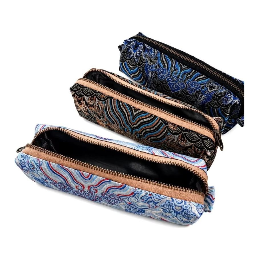 Federmäppchen mit Retro-Stickmuster im chinesischen Stil, blaues Schreibwarenetui und Make-up-Pinseltasche aus Textil - Bild 4