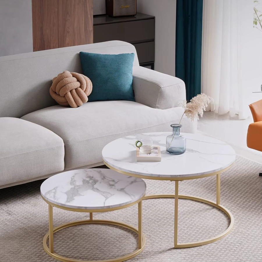 2er Set runde Couchtische von Okwish mit MDF-Platte und Metallgestell in Schwarz oder Weiß - Bild 3
