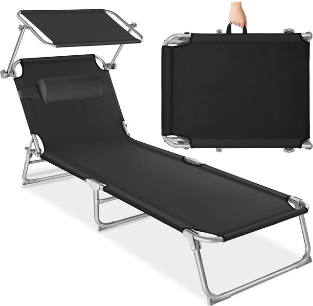 tectake Sonnenliege klappbar mit Sonnendach und verstellbarem Kopfpolster Schwarz B/T/H: 190 x 68 x 111 cm - Bild 1