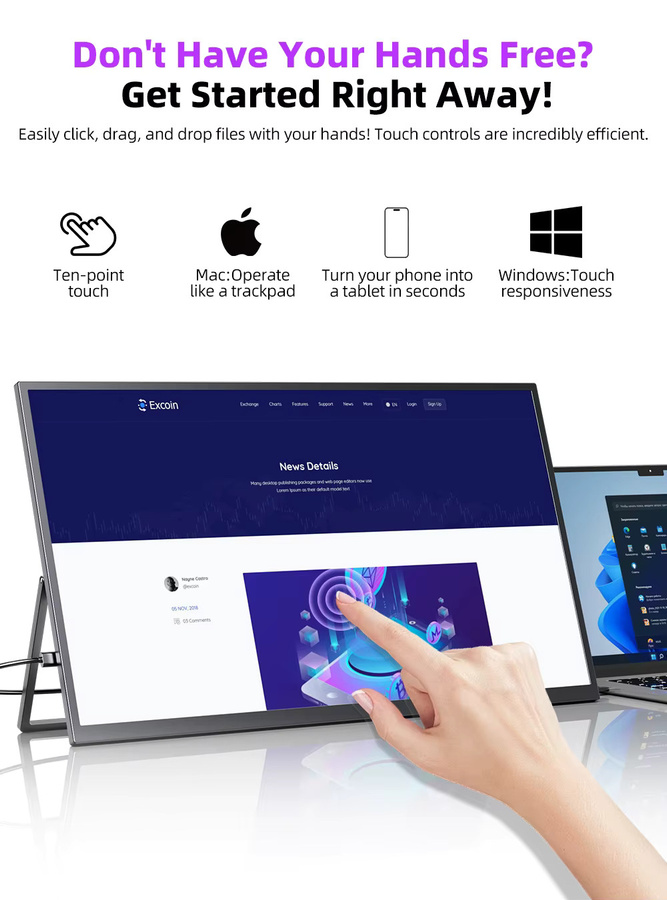 UPERFECT Tragbarer 22 Zoll 2K Touchscreen Monitor in Schwarz mit HDMI und USB-C sowie Doppellautsprechern für Gaming und Laptops - Bild 4
