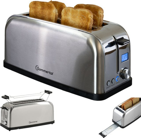 Sommertal Toaster ST1500 XXL Edelstahl Silber mit 4 Scheiben, Brötchenaufsatz, Digitaldisplay und Timer