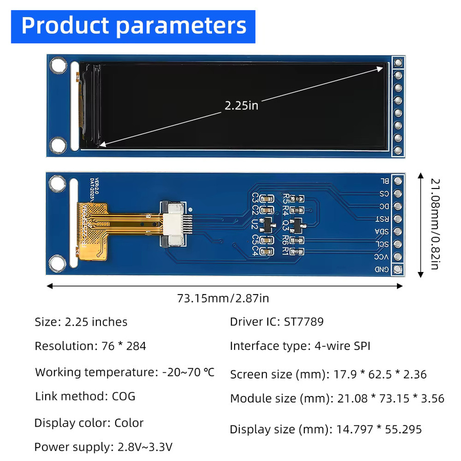 diymore 2,25-Zoll-TFT-LCD-Bildschirmmodul ST7789 mit SPI-Schnittstelle in Blau, B/H: 76 x 284 mm - Bild 2