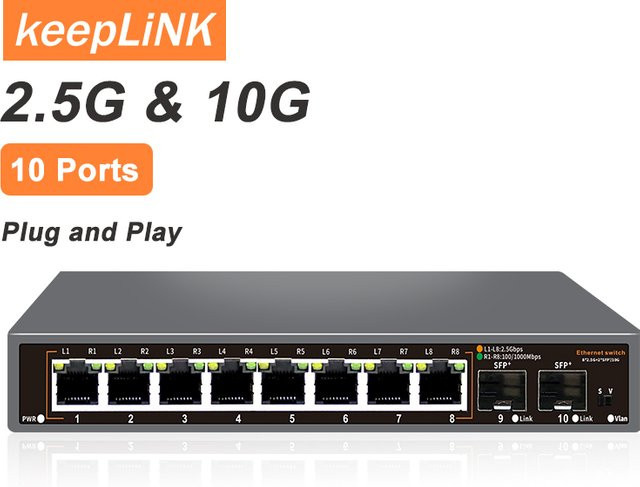 KeepLiNK 10-Port Netzwerk-Switch Unmanaged in Schwarz mit 8 x 2,5 GB Ethernet und 2 x 10 GB SFP+ für Hochgeschwindigkeitskonnektivität - Bild 1