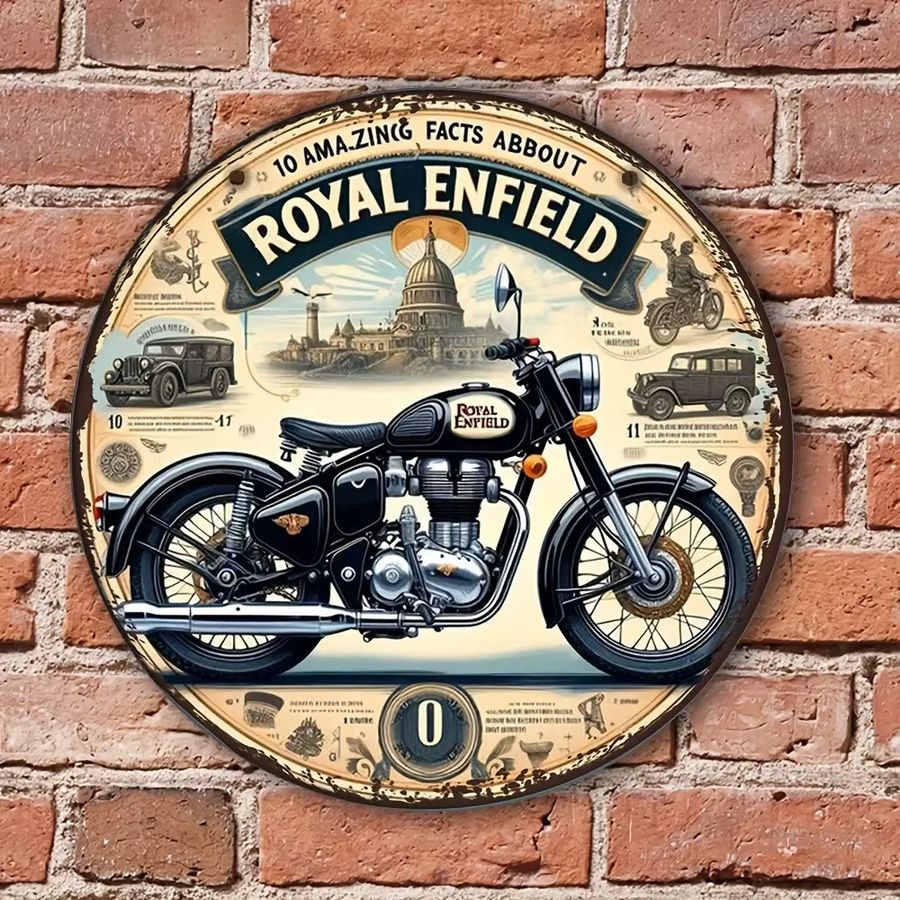 Royal Enfield Vintage Metallschild – Rundes Wandkunst-Dekor mit Motorrad und Big Ben, Durchmesser: 20 cm - Bild 4