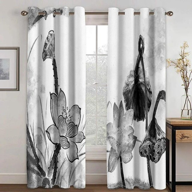 A Family Of Home Textiles Lotusblumenvorhänge mit chinesischer Landschaft im 3D-Druck, halbtransparent, Schwarz-Weiß, Breite: 50 cm, Höhe: 130 cm, 2 Stück - Bild 1